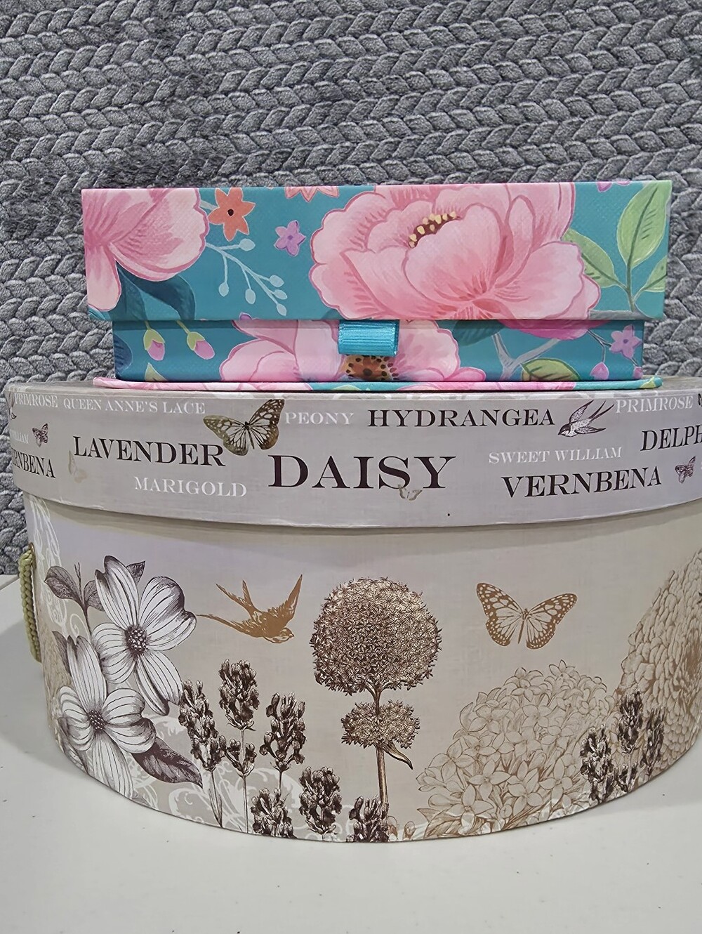 2 Boxes- Floral Round Hat Box/Pink and Blue Cream Decorative Storage